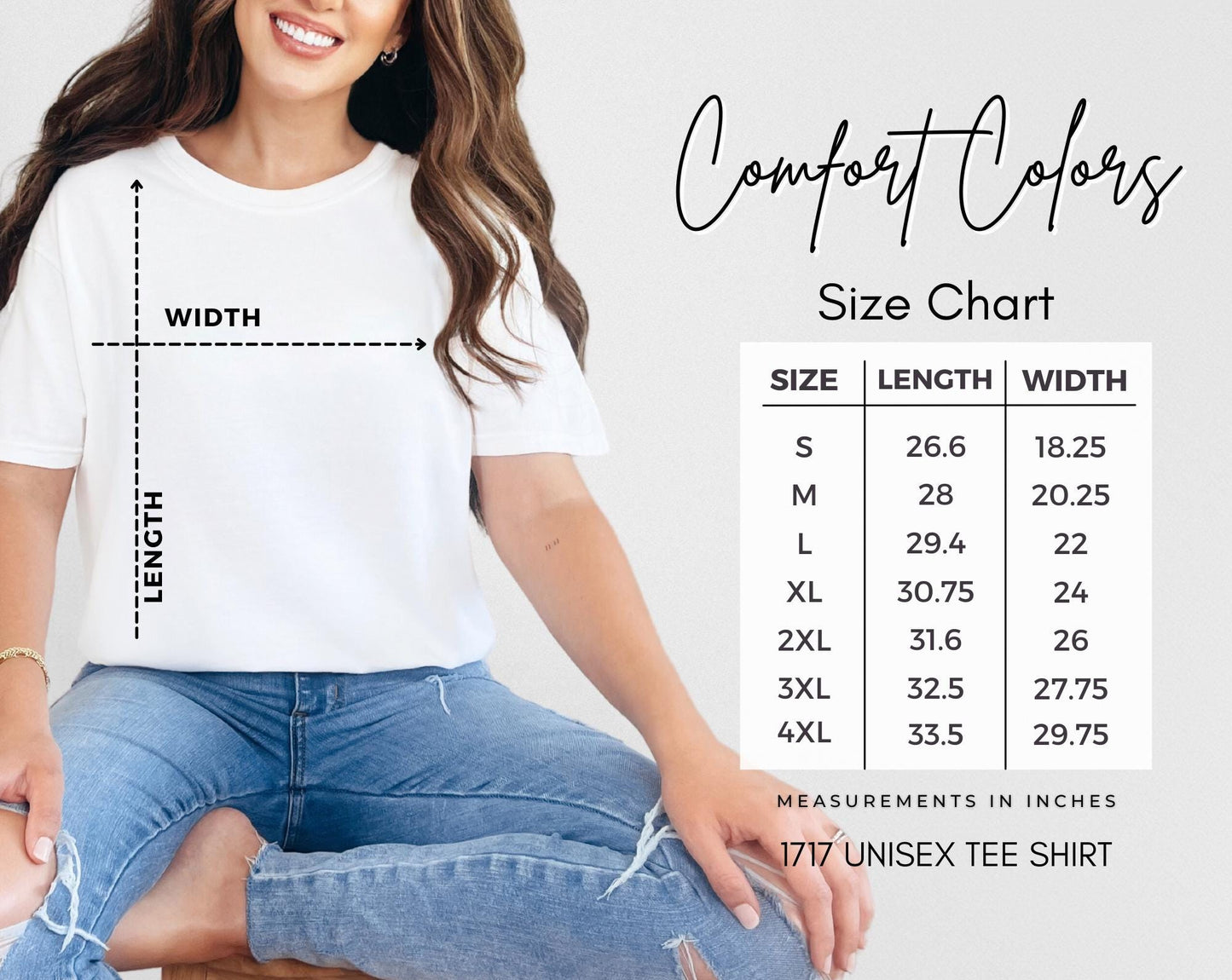 Comfort Colors C1717 size chart for ivory watercolor fall dog tee listing. Detailed sizing guide for dog mom graphic shirt, rustic dog lover apparel, unisex garment-dyed tee measurements for accurate.