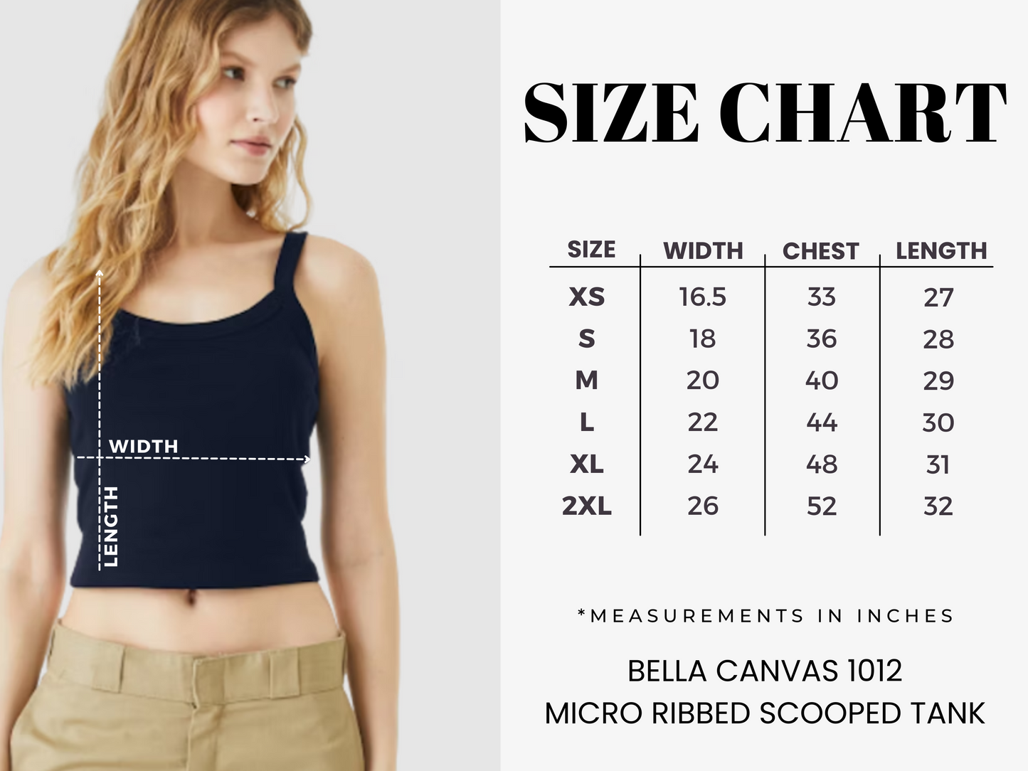 Woman wearing a navy tank top with a size chart on the right side.