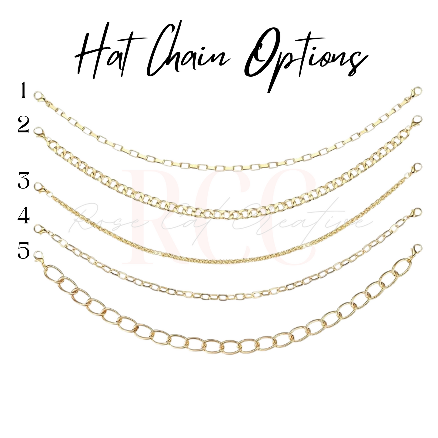 Five gold chain options on a white background