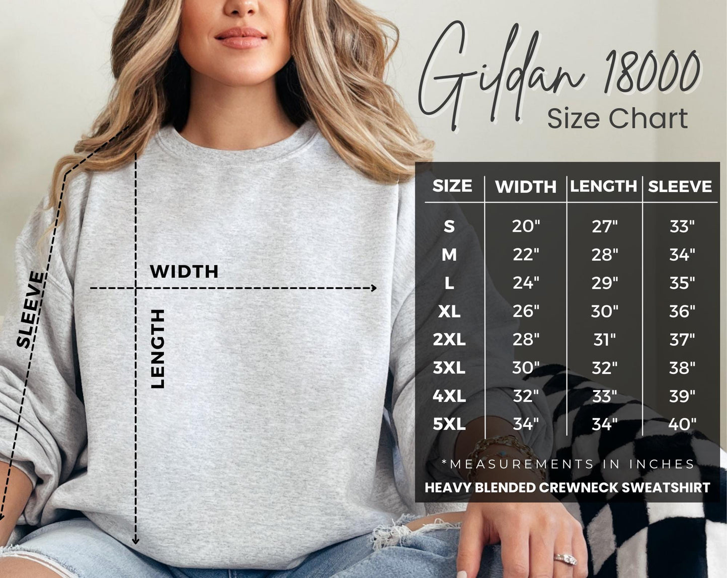 Gildan 18000 size chart graphic for dog Christmas crewneck listing, showing detailed measurements for each size in a table format. Includes chest width, length, and sleeve dimensions to help shoppers find accurate sizing for ash Dog Christmas sweatshirts, vintage animal holiday apparel, and rustic pet parent Christmas gifts.