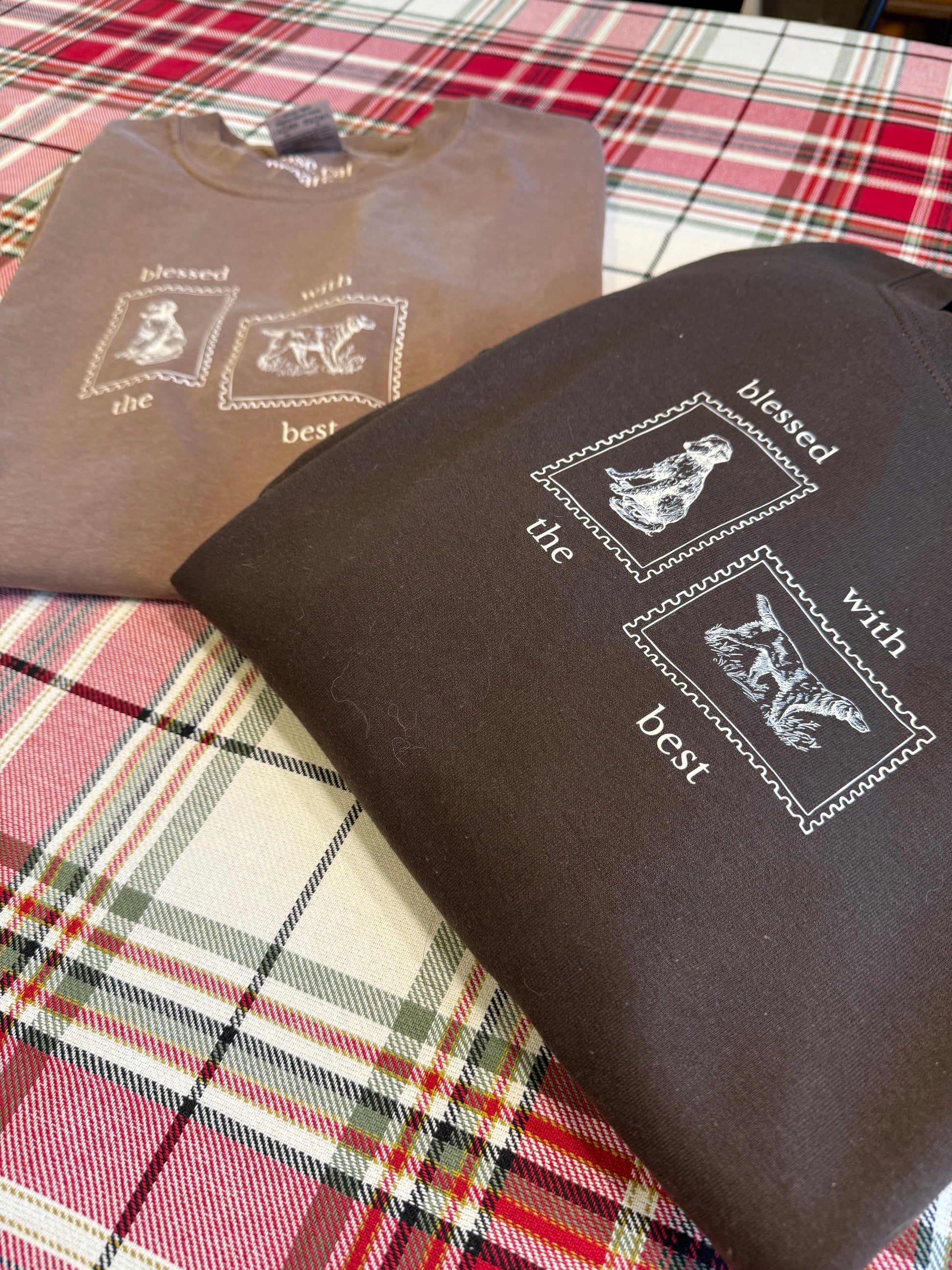 Flat lay of a brown sweatshirt and brown t-shirt with tan Blessed with the Best text and dog stamp graphics on a plaid fabric background. 