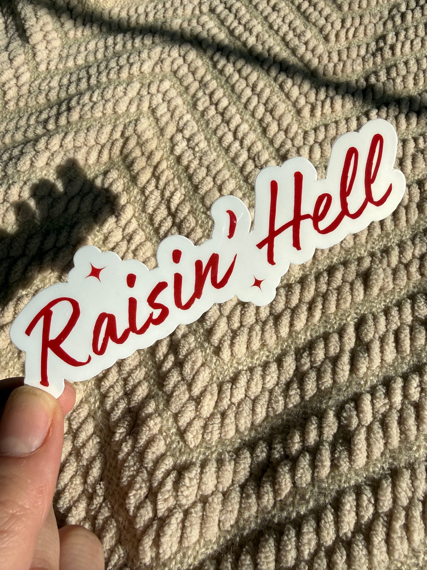 Close-up of "Raisin’ Hell" sticker in red cursive font; edgy southern style decal for car windows and water bottles, glossy finish with sunlit background.