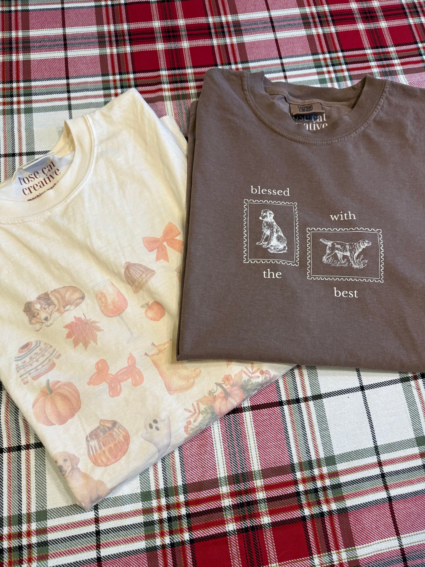 Flat lay of Comfort Colors ivory sublimated fall dog collage t-shirt next to a “Blessed With the Best” dog tee on a red plaid background. Cozy rustic fall apparel layout for dog moms and pet lovers. Watercolor autumn graphic tees perfect for Thanksgiving, fall outfits, and matching dog lover shirts.
