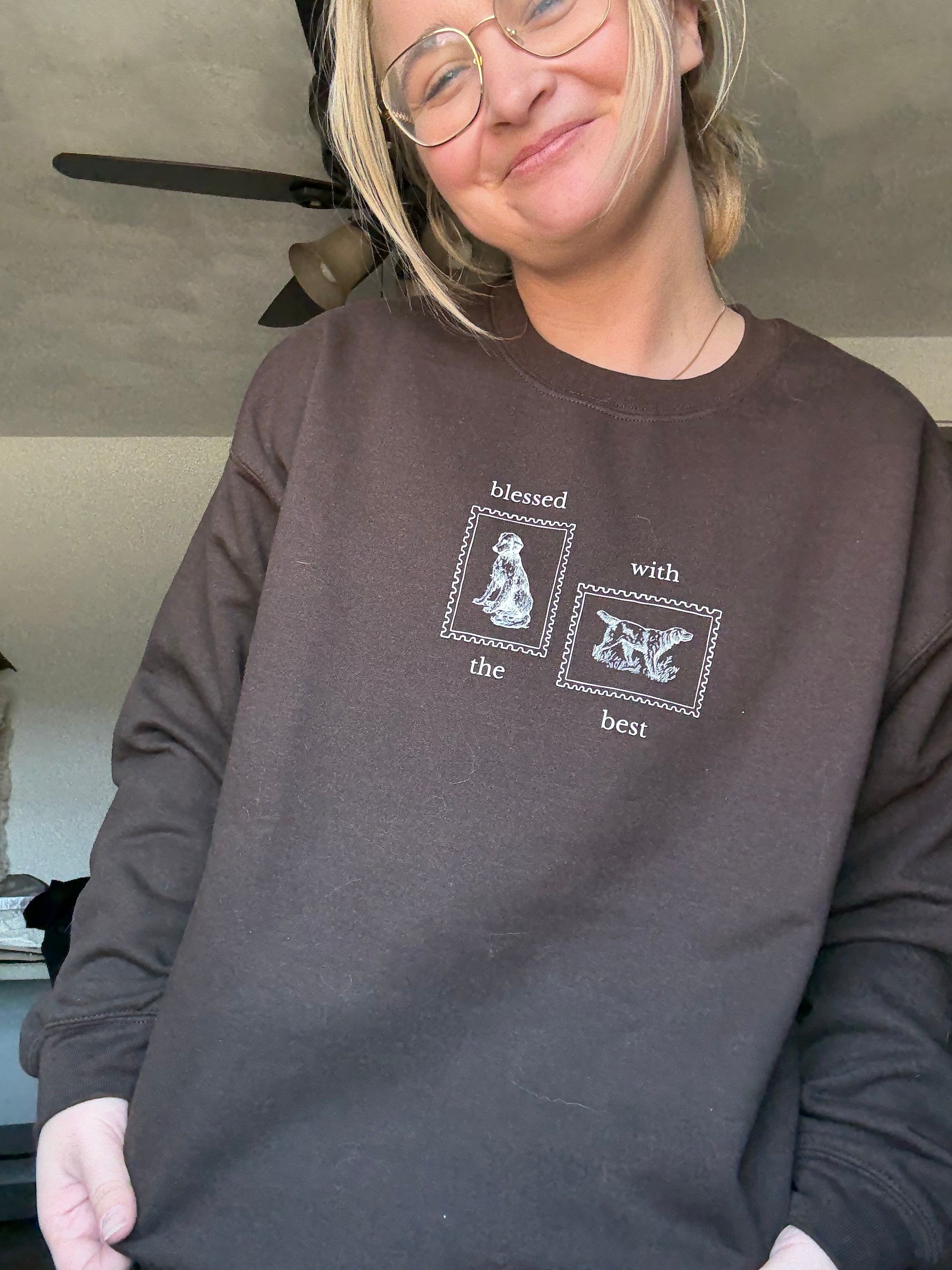 Person wearing a dark brown sweatshirt with Blessed with the Best text and dog stamp graphics. Perfect for fall dog walking outings or a cozy Thanksgiving with your favorite pups.
